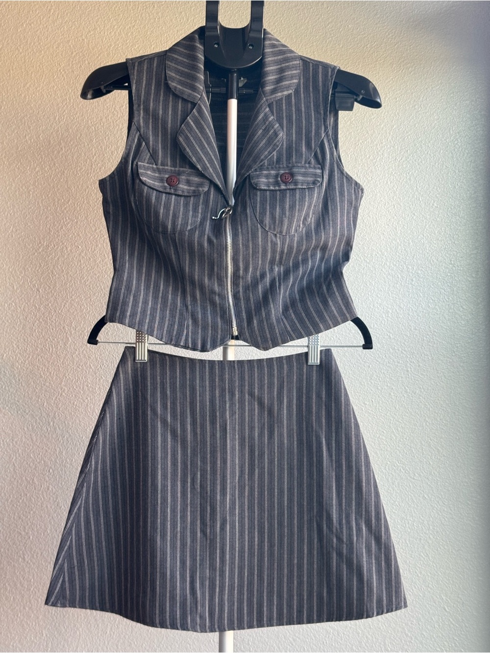 Grey Pinstripe Fitted Vest Top and Mini Skirt Set -Two-Piece - Size 5/6 90s
